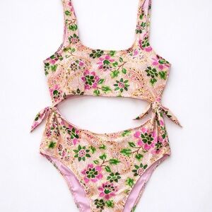 Aerie Pink Floral Cutout One Piece Swimsuit XL Long Cheeky NWT Girly Resortwear